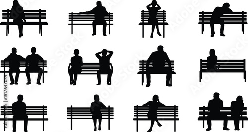People sitting on park bench silhouettes set, men women couples resting poses, urban public seating scenes isolated on white