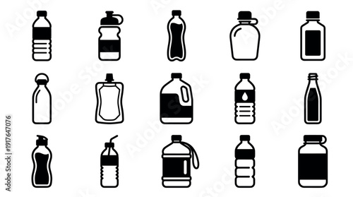 Collection of black and white bottle icons showing various types of containers for water and other beverages in a simple, minimalist and modern graphic vector illustration set