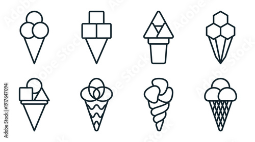 Collection of eight ice cream cone icons with different geometric and organic shapes, designed in a clean, minimalist black and white line art style for graphic design projects