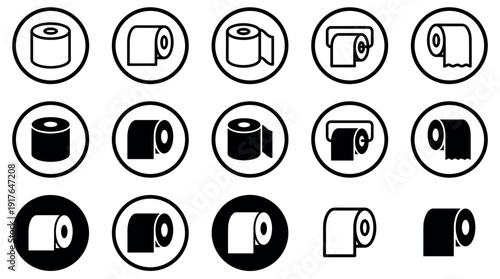 Collection of black and white toilet paper icons showing various styles including line art, silhouette, and inverted designs for bathroom and hygiene concepts