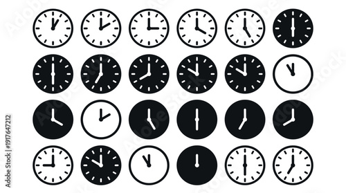 Large collection of minimalist clock icons in black and white, showing different times of the day in a simple graphic style for time management and schedule concepts