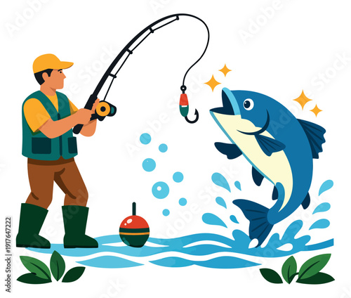 Modern flat illustration of a fisherman depicting a fish jumping for recreational fishing