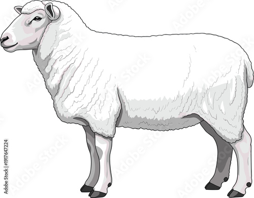 Sheep side view vector illustration, realistic farm animal graphic, white wool livestock standing isolated on white background, detailed rural agriculture design