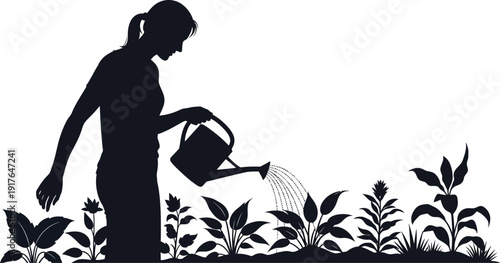 Silhouette of a woman tending to her garden by carefully watering growing plants with a classic watering can