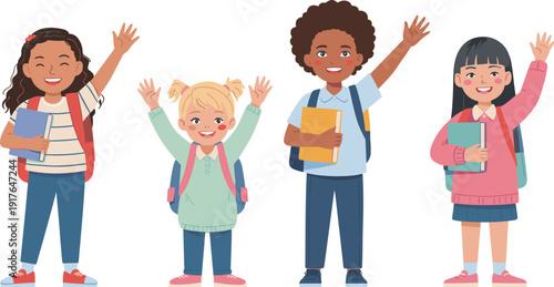 Happy diverse elementary school children waving with books and backpacks, smiling students isolated on white background flat vector illustration