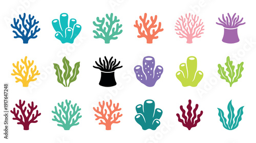 Colorful collection of coral and seaweed icons featuring various stylized marine plant and animal silhouettes in a vibrant, flat design vector illustration set for aquatic themes