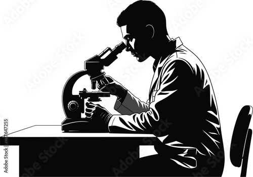 Silhouette of a dedicated scientist meticulously observing samples through a microscope in a high contrast graphic style for research concepts.