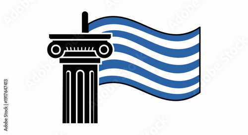Ancient Greek Classical Column with Waving National Flag Illustration Representing European Culture and Heritage