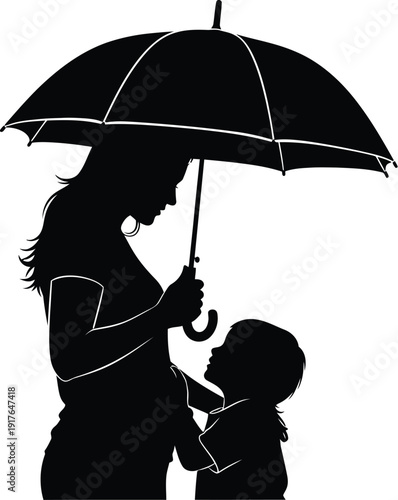 Black silhouette of a caring mother holding an umbrella over her small child symbolizing protection love and guidance