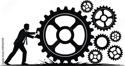 Silhouette of a determined businessman pushing a massive gear connected to a complex system of interlocking mechanical components