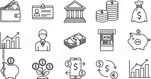 Financial banking and investment line icons set including wallet ATM piggy bank money growth analytics symbols