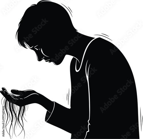 Silhouette of a distressed person looking down at a clump of fallen hair held sadly in their open palm symbolizing worry.