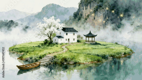 Small Blue Paradise Island in the middle of the water isolated watercolor vector illustration svg