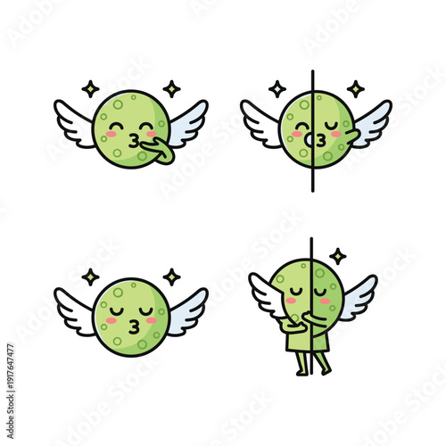 Cute cartoon planet with wings in different poses and emotions with copy space
