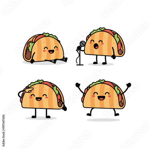 Cartoon tacos performing on stage with happy expressions and microphones