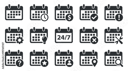 Set of black calendar glyph icons with various symbols for scheduling, planning, appointments, and time management, representing functions like payment, reminders, and location