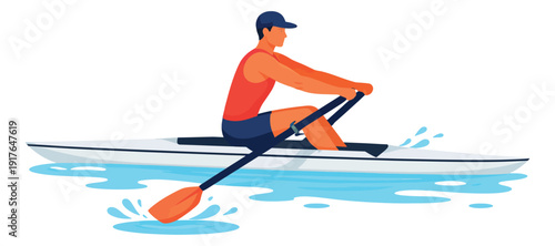 Modern flat illustration of a man depicting rowing a scull for water sports competition
