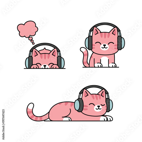 Cartoon cat listening to music with headphones in different poses on white background