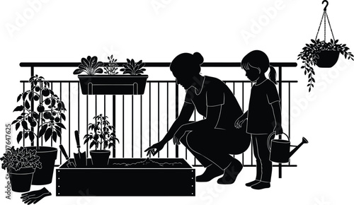 Silhouette of a mother and child engaged in balcony gardening activities surrounded by various potted plants and fresh greenery.