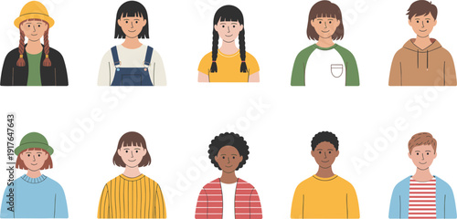 Flat style diverse teenagers portrait collection, young boys and girls avatar faces isolated on white background vector illustration