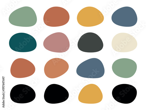 Collection of hand-drawn abstract organic shapes in a muted earth-toned color palette, featuring minimalist pebble-like forms arranged neatly in a simple, modern graphic set