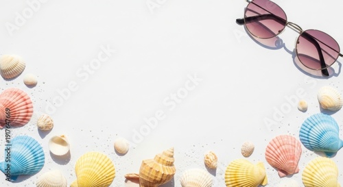 A pair of sunglasses and colorful seashells on a white background