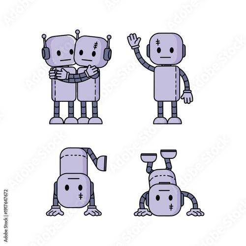 Cartoon robots showing various emotions and actions on white background