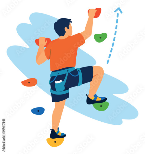 Modern flat illustration of a man rock climbing depicting an upward ascent for sport and recreation