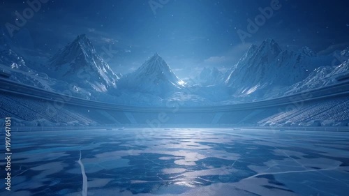 Frozen mountain landscape with icy lake at night