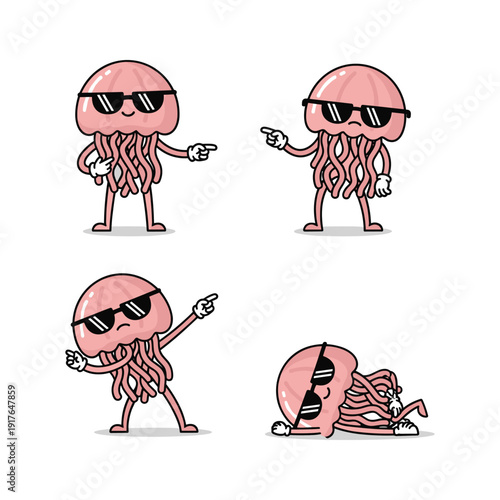 Cool jellyfish character set with sunglasses and different poses on white background