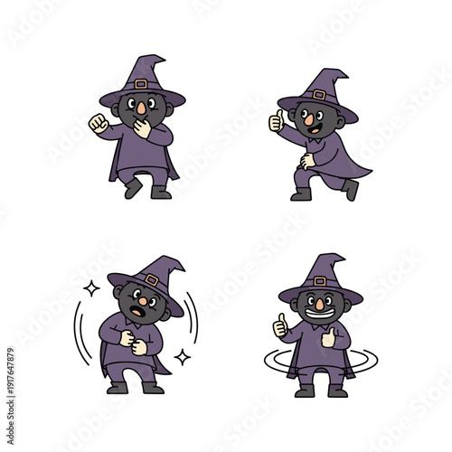 Cartoon wizard cat in various poses with magical gestures