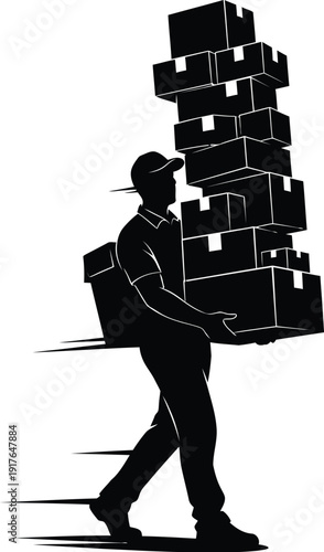 Silhouette of a delivery worker swiftly carrying a very tall stack of assorted packages demonstrating rapid service in black and white.