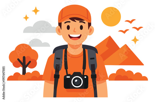 Modern flat design illustration of a happy male traveler depicting him ready for an outdoor adventure for travel and exploration concepts