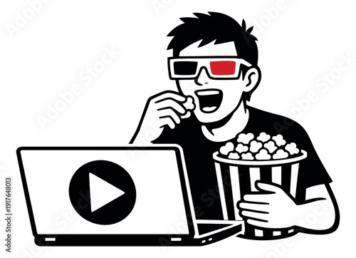 Graphic illustration of a man depicting enjoying a 3D movie with popcorn for online entertainment