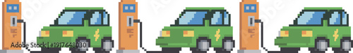 Pixel art electric car charging at station illustration, green EV vehicle renewable energy sustainable transport concept
