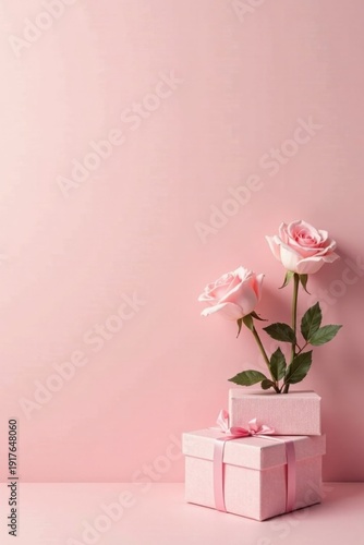Delicate pink roses elegantly arranged atop a pair of pastel gift boxes against a soft pink backdrop, creating a romantic and serene visual