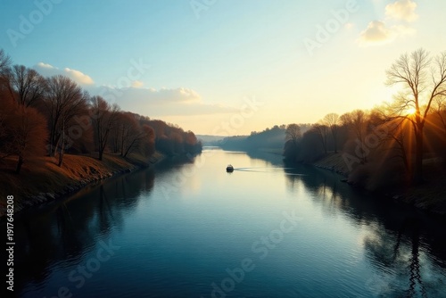 Wallpaper Mural Serene Sunset River Scene with a Small Vessel Tranquilly Navigating the Calm Waters Torontodigital.ca