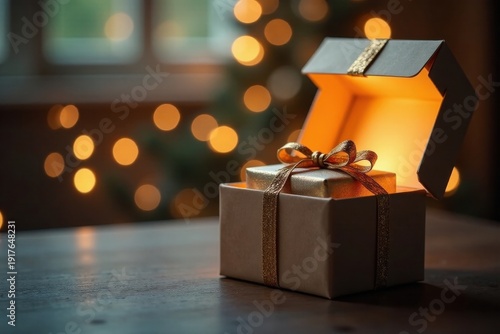 Wallpaper Mural A glimmering gold-wrapped present nestled inside a softly lit open box, festive lights softly illuminating the scene on a wooden surface Torontodigital.ca