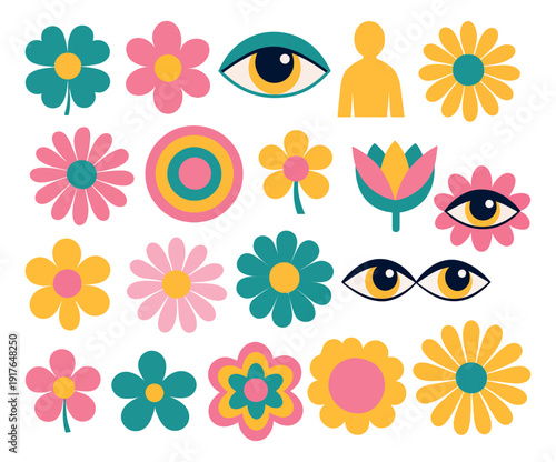 Retro groovy decorative elements set featuring colorful flowers, abstract eyes, and a stylized figure for nostalgic designs