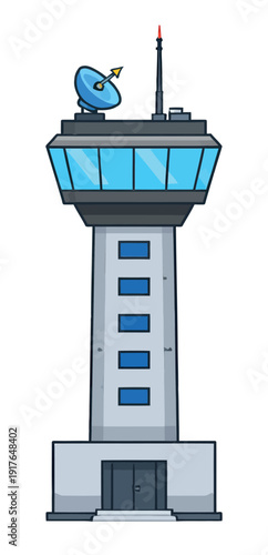 Cartoon illustration of an air traffic control tower depicting a communication and guidance hub for airport operations