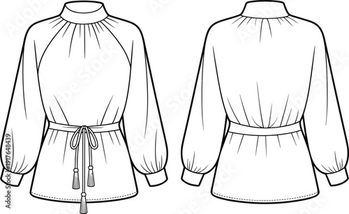 Black and white vector fashion technical sketch of a long sleeve mock neck blouse with bishop sleeves and tassel belt for apparel design branding