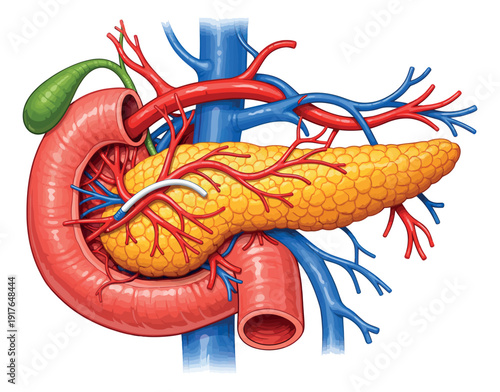 Detailed anatomical illustration of the human pancreas and surrounding organs depicting its structure for medical education