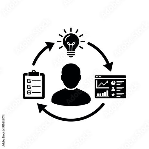 Creative thinking cycle with light bulb idea generation and data reporting workflow for professional project management icon