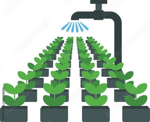 Smart irrigation system watering potted plants, automatic water saving technology for sustainable agriculture vector illustration
