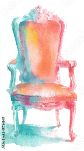artistic watercolor throne with expressive brush strokes and pastel washes, visible paper texture, isolated on white background, soft artistic