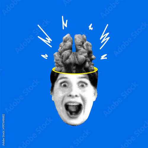 Idea, brainstorm concept. Modern collage with nut shaped brain in a woman's head. Creative thinking. Scientific discoveries. Emotion of surprise. Mind and mental health. Insight and innovation