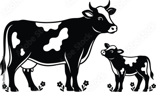Black and white vector illustration of a mother cow and her calf standing in a field with flowers for dairy farm branding agriculture design