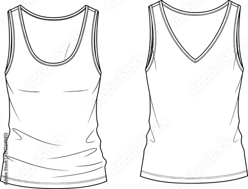 Black and white vector line art illustration of a sleeveless tank top and V neck undershirt for fashion design apparel mockup and clothing branding