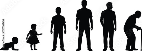 Human life stages silhouette set, baby child teenager adult senior aging progression black vector illustration isolated on white background