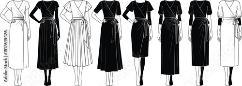 Black and white vector line art set of diverse women in elegant wrap dresses with puff sleeves for fashion branding retail clothing and style design